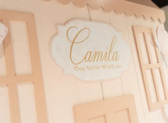 Close-up of the custom hand-lettered sign on a pastel playhouse backdrop