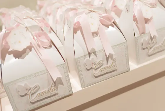 Personalized party favor boxes tied with pink ribbon and custom name tags